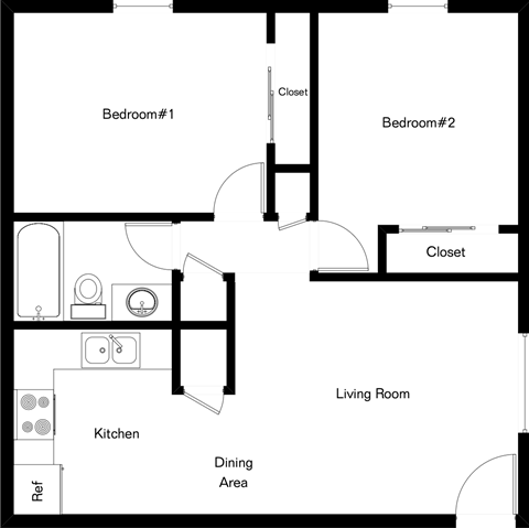 Floor plan for 2 beds, 1 bath, 676 sqft